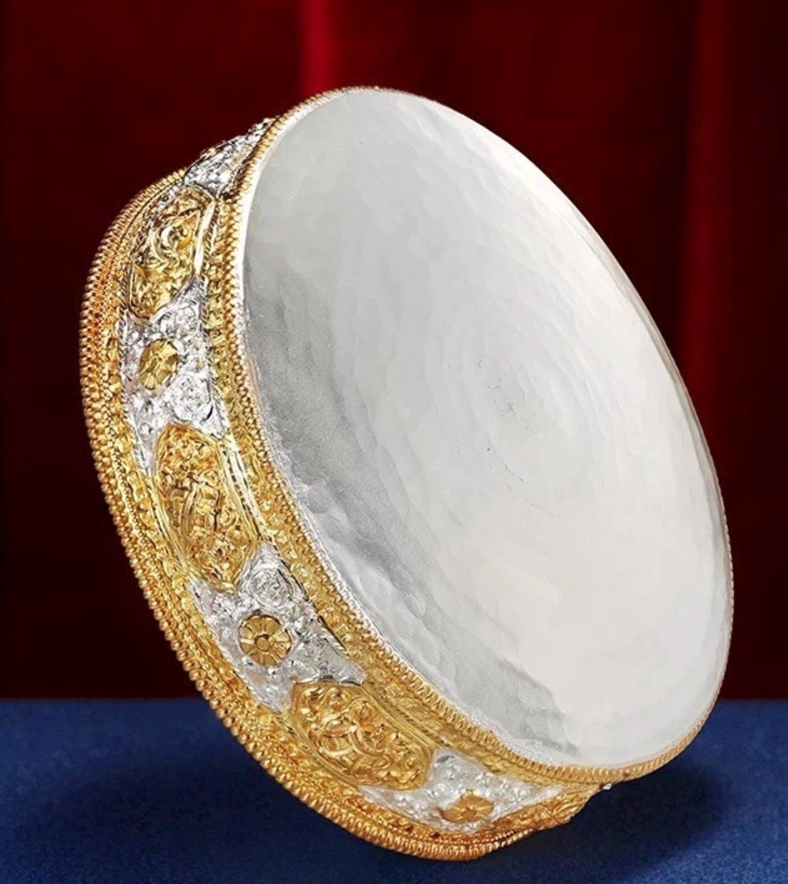 Handmade Brass Mandala Offering Set: Tibetan Auspicious Symbols, Gemstones