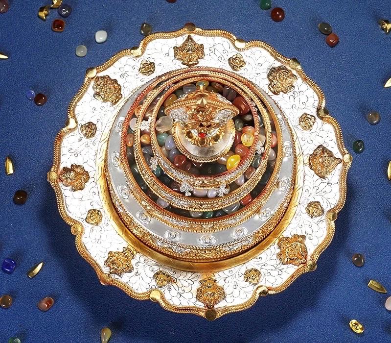 Handmade Brass Mandala Offering Set: Tibetan Auspicious Symbols, Gemstones