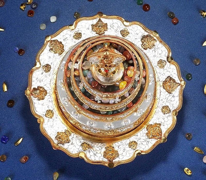 Handmade Brass Mandala Offering Set: Tibetan Auspicious Symbols, Gemstones