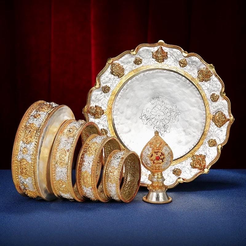 Handmade Brass Mandala Offering Set: Tibetan Auspicious Symbols, Gemstones