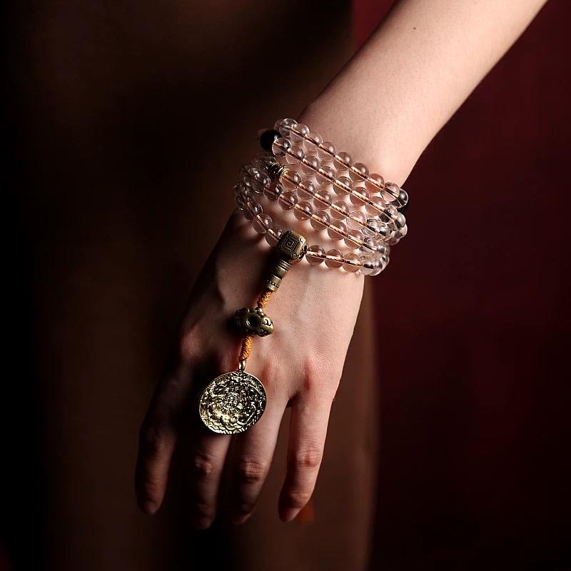Tibetan White Crystal & Amber Mala | 108 Beads Prayer Bracelet