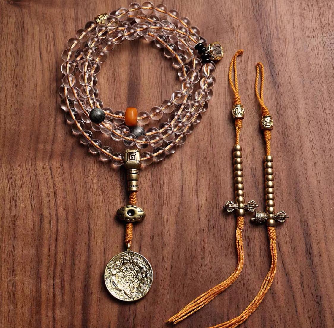 Tibetan White Crystal & Amber Mala | 108 Beads Prayer Bracelet