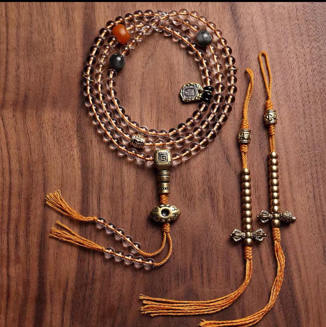 Tibetan White Crystal & Amber Mala | 108 Beads Prayer Bracelet
