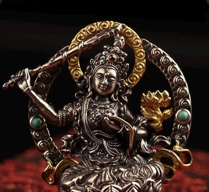 Silver Manjushri Bodhisattva Pendant with gold plated parts