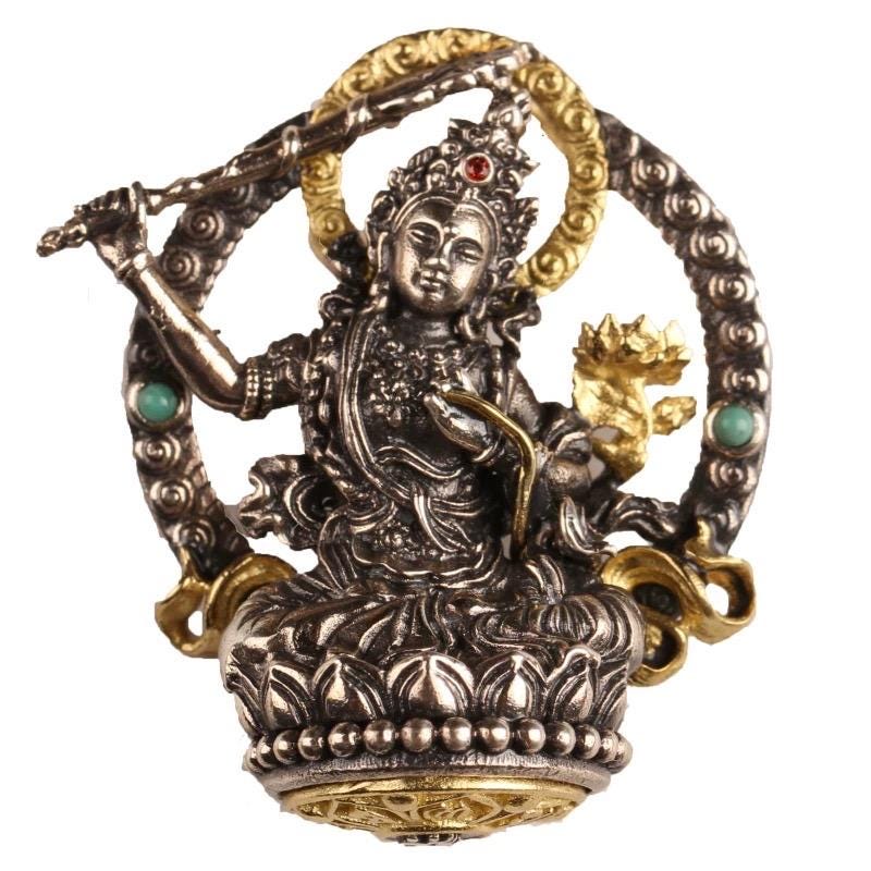 Silver Manjushri Bodhisattva Pendant with gold plated parts