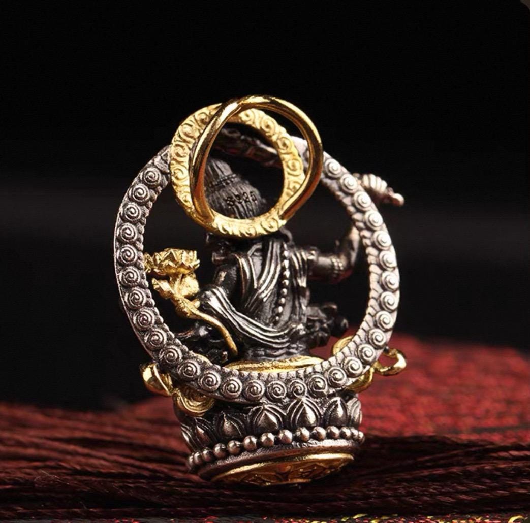 Silver Manjushri Bodhisattva Pendant with gold plated parts