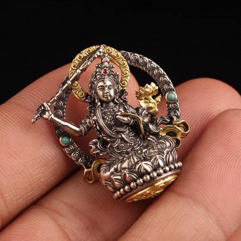 Silver Manjushri Bodhisattva Pendant with gold plated parts