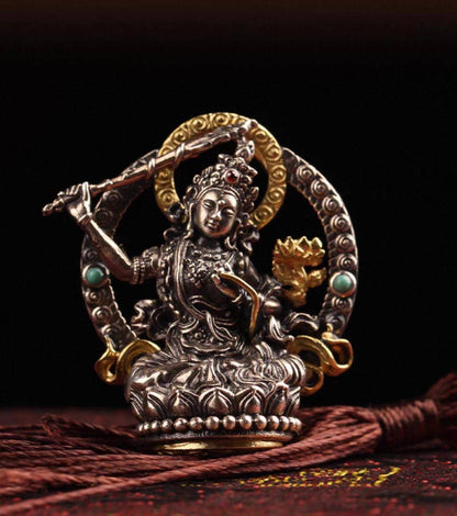 Silver Manjushri Bodhisattva Pendant with gold plated parts