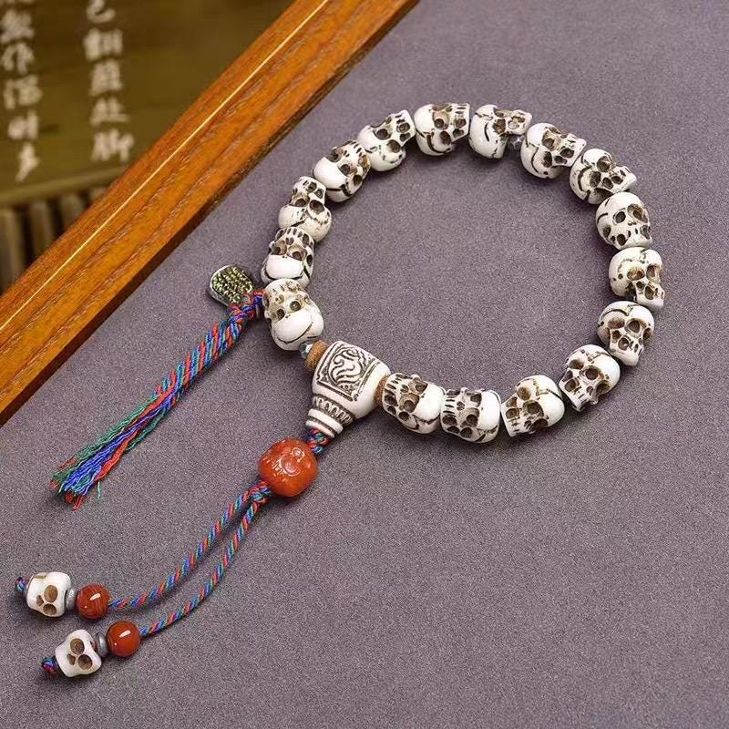 Handcrafted Tibetan Skull Mala Bracelet Yak Bone Amulet Beads