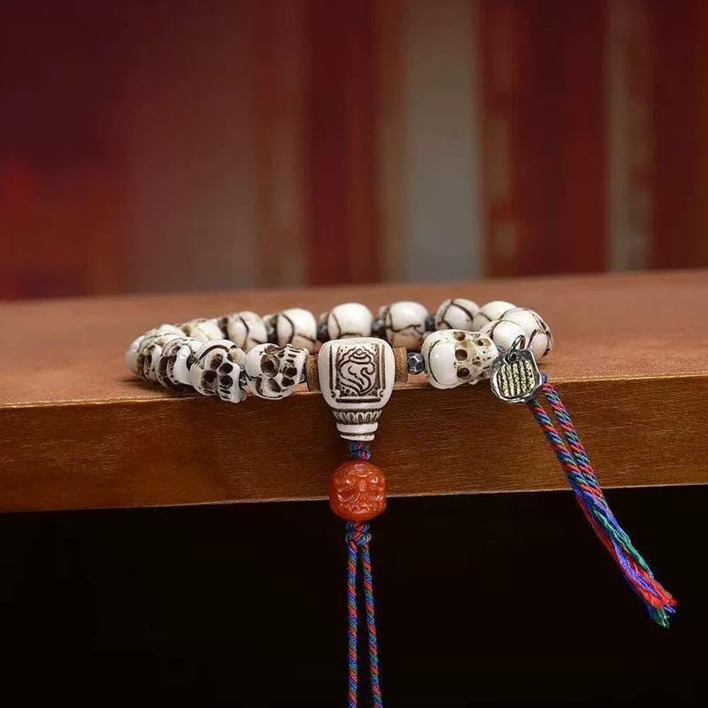 Handcrafted Tibetan Skull Mala Bracelet Yak Bone Amulet Beads