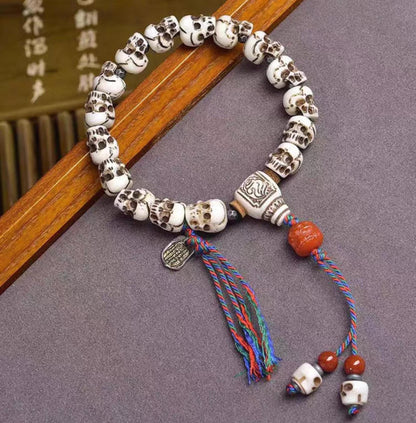 Handcrafted Tibetan Skull Mala Bracelet Yak Bone Amulet Beads
