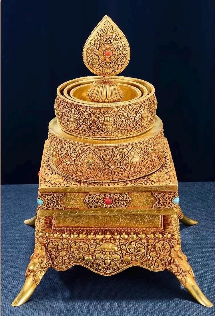 Handmade Brass Mandala Offering Set: Tibetan Auspicious Symbols, Gemstones