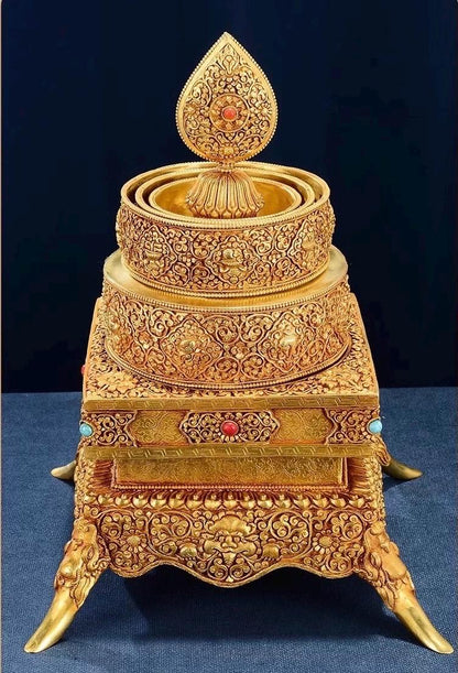 Handmade Brass Mandala Offering Set: Tibetan Auspicious Symbols, Gemstones