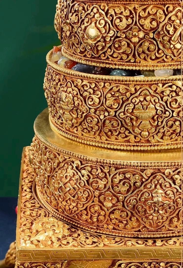 Handmade Brass Mandala Offering Set: Tibetan Auspicious Symbols, Gemstones