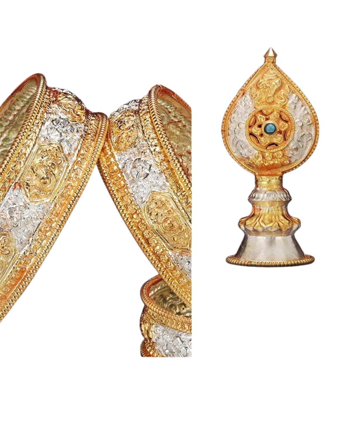 Handmade Brass Mandala Offering Set: Tibetan Auspicious Symbols, Gemstones