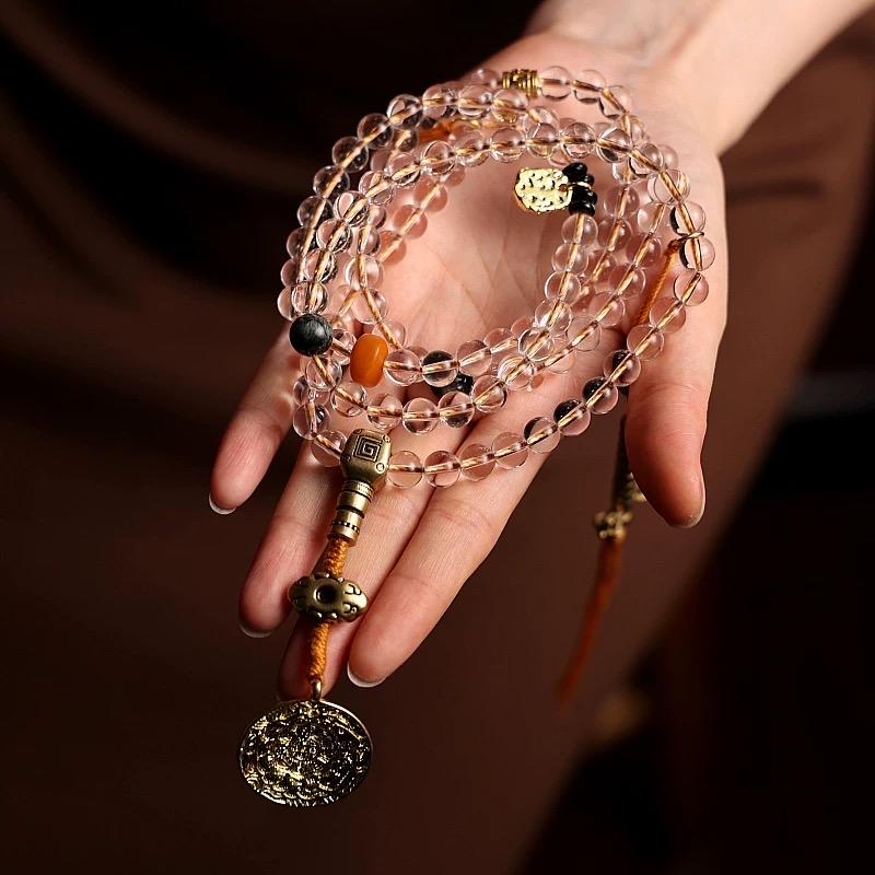 Tibetan White Crystal & Amber Mala | 108 Beads Prayer Bracelet
