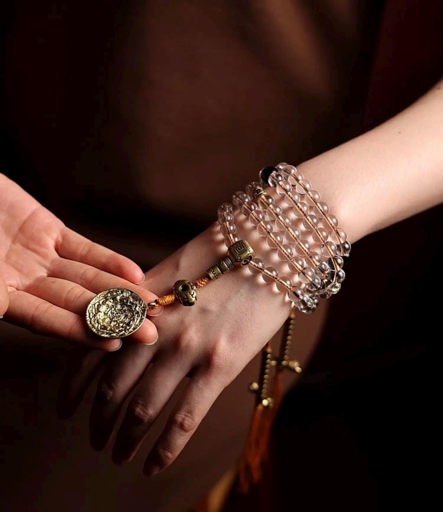 Tibetan White Crystal & Amber Mala | 108 Beads Prayer Bracelet