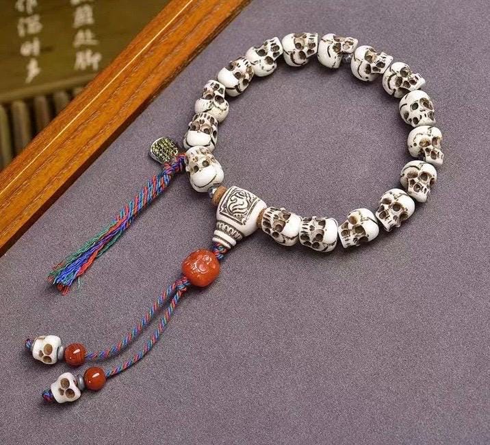 Handcrafted Tibetan Skull Mala Bracelet Yak Bone Amulet Beads