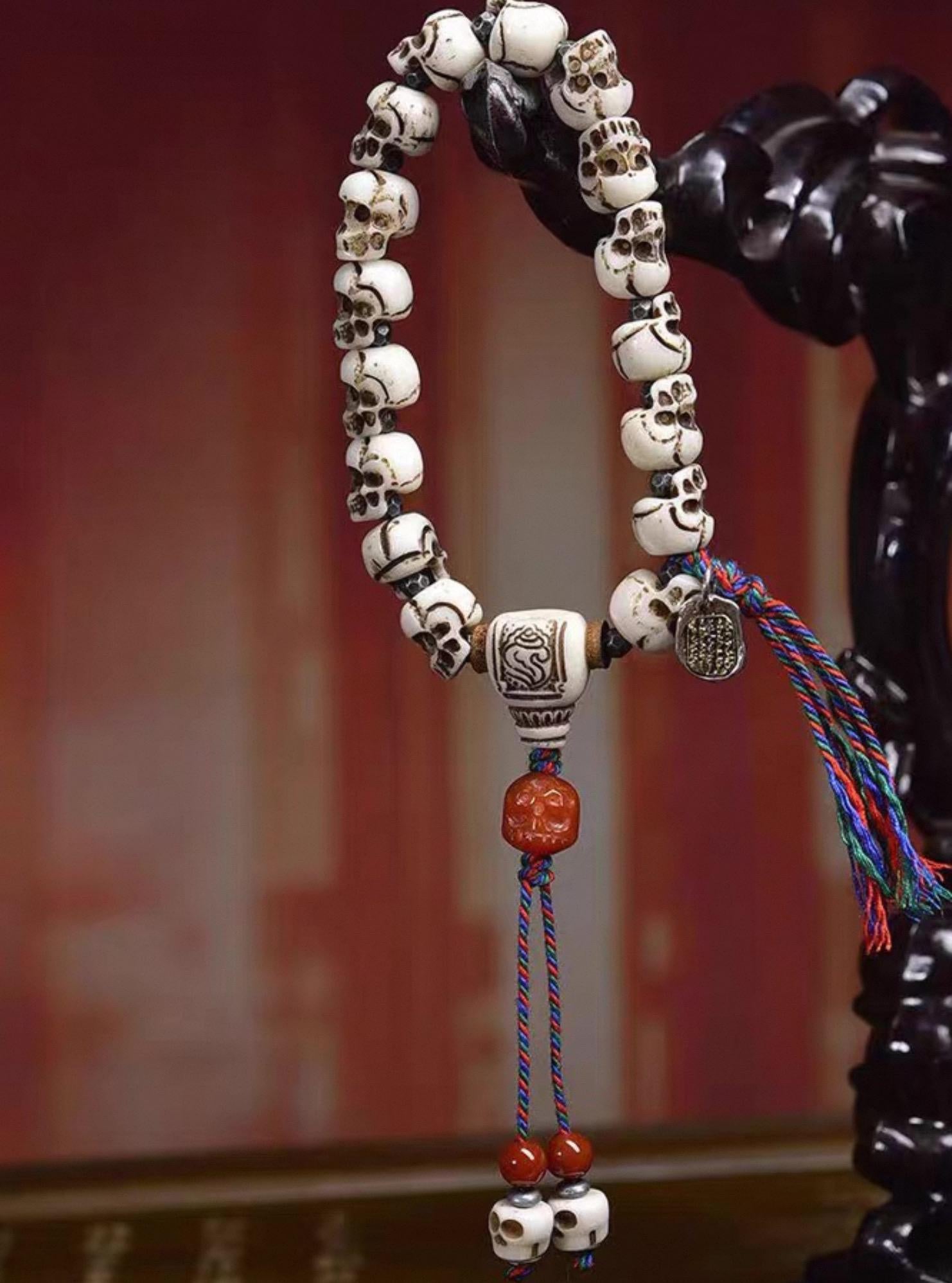 Handcrafted Tibetan Skull Mala Bracelet Yak Bone Amulet Beads