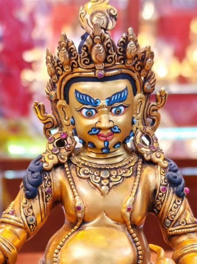 7” Yellow Dzambhala Statue | Handcrafted Nepalese Copper Jambhala | Gold-Gilded Wealth Deity Sculpture | Prosperity & Abundance Decor