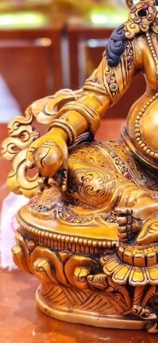7” Yellow Dzambhala Statue | Handcrafted Nepalese Copper Jambhala | Gold-Gilded Wealth Deity Sculpture | Prosperity & Abundance Decor