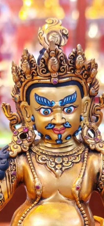 7” Yellow Dzambhala Statue | Handcrafted Nepalese Copper Jambhala | Gold-Gilded Wealth Deity Sculpture | Prosperity & Abundance Decor