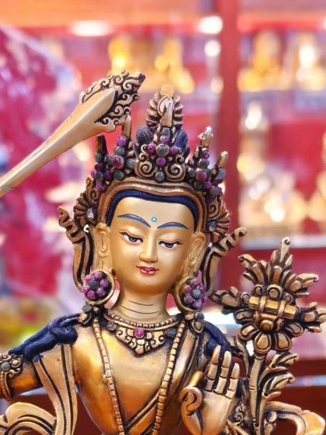 7” Manjushri Statue | Handcrafted Nepalese Copper Bodhisattva of Wisdom | Gold-Gilded Manjusri Sculpture for Clarity & Insight