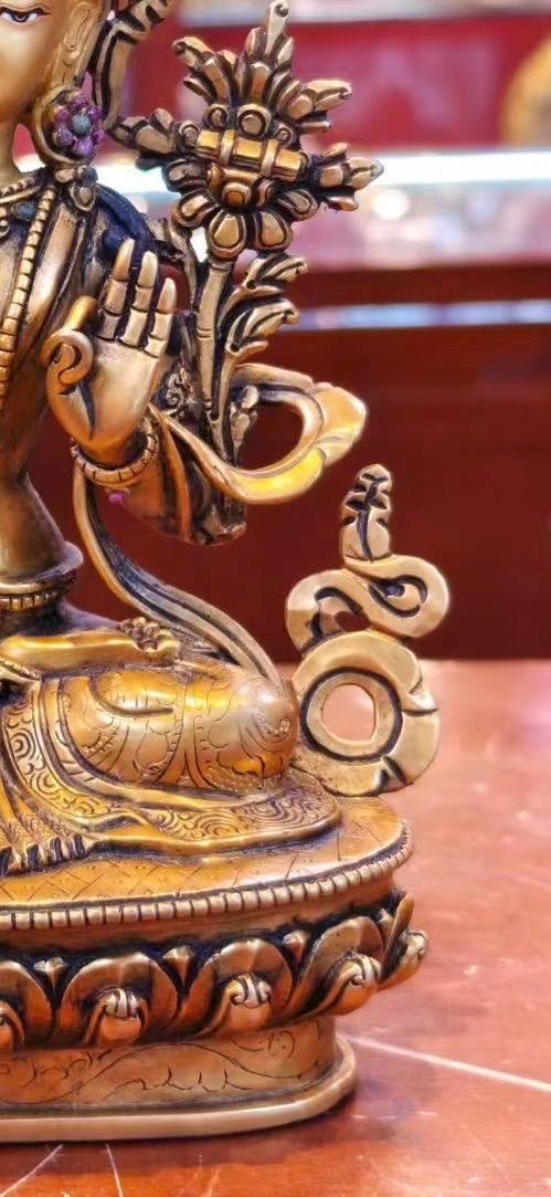 7” Manjushri Statue | Handcrafted Nepalese Copper Bodhisattva of Wisdom | Gold-Gilded Manjusri Sculpture for Clarity & Insight