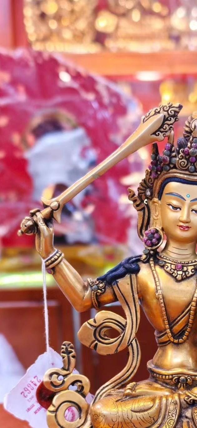 7” Manjushri Statue | Handcrafted Nepalese Copper Bodhisattva of Wisdom | Gold-Gilded Manjusri Sculpture for Clarity & Insight