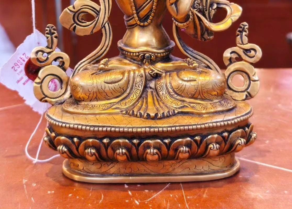 7” Manjushri Statue | Handcrafted Nepalese Copper Bodhisattva of Wisdom | Gold-Gilded Manjusri Sculpture for Clarity & Insight