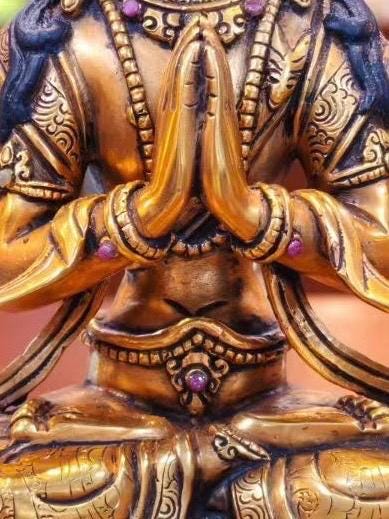 7” Four-Armed Avalokiteshvara Statue | Handcrafted Nepalese Copper Chenrezig | Gold-Gilded Compassion Buddha Sculpture