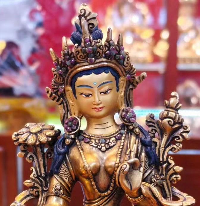 Green Tara Statue • 24k Gold Gilded Syamatara • Pure Copper Tibetan Buddhist Goddess • Handcrafted Nepal Art