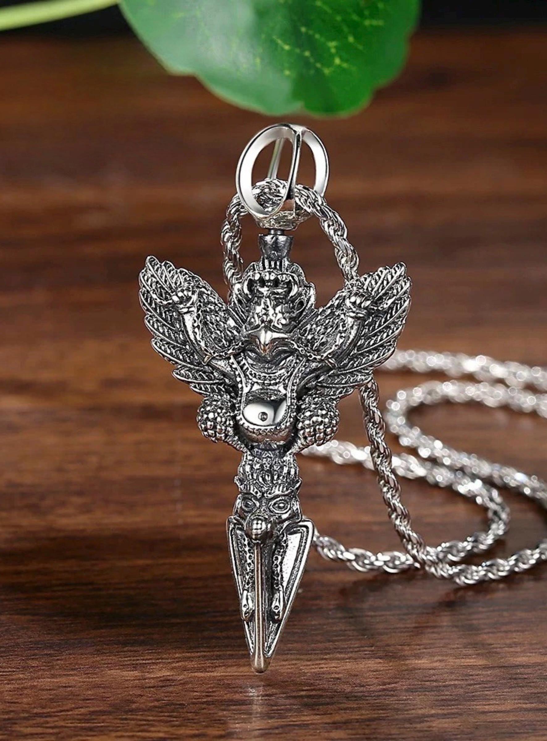 925 Sterling Silver Garuda Vajra Pendant • Tibetan Protective Amulet Necklace • Vintage Punk Style Jewelry • Silver Dorje