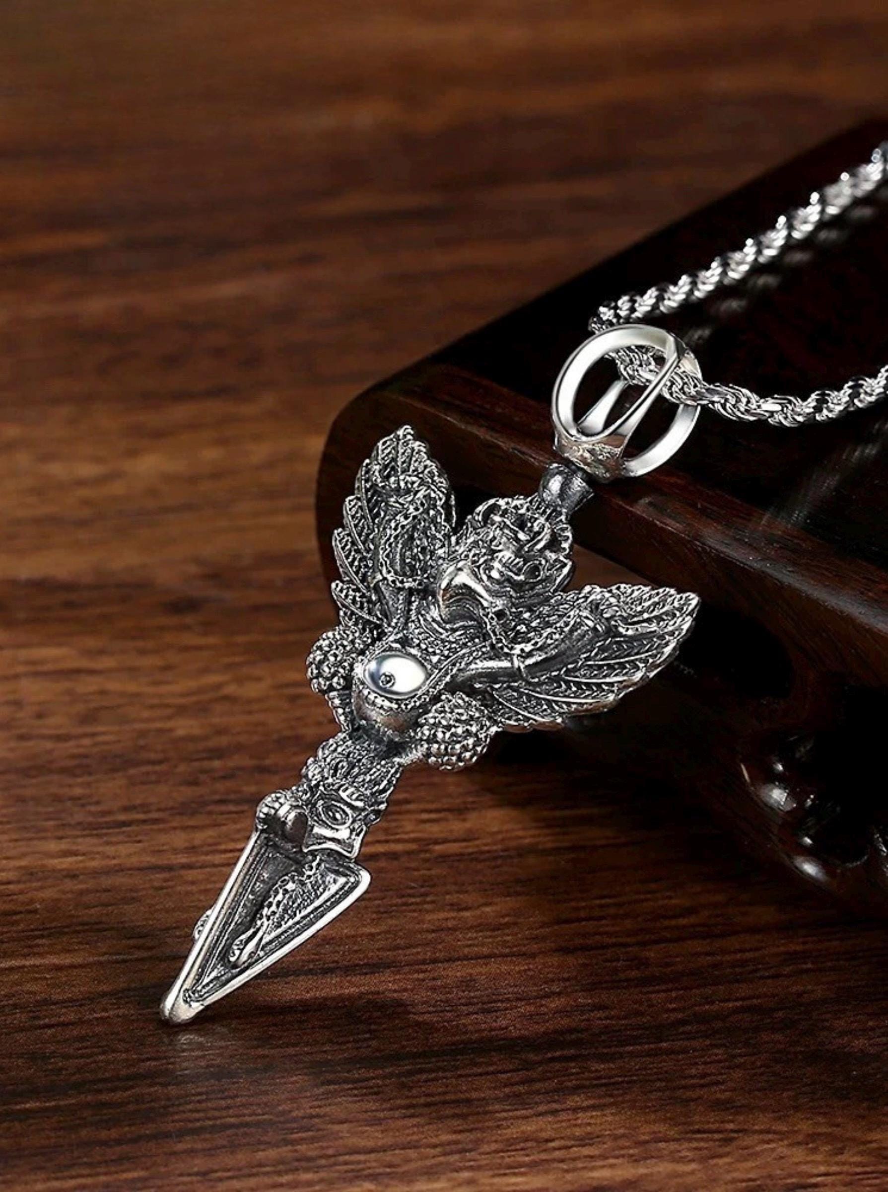 925 Sterling Silver Garuda Vajra Pendant • Tibetan Protective Amulet Necklace • Vintage Punk Style Jewelry • Silver Dorje