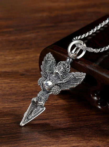 925 Sterling Silver Garuda Vajra Pendant • Tibetan Protective Amulet Necklace • Vintage Punk Style Jewelry • Silver Dorje