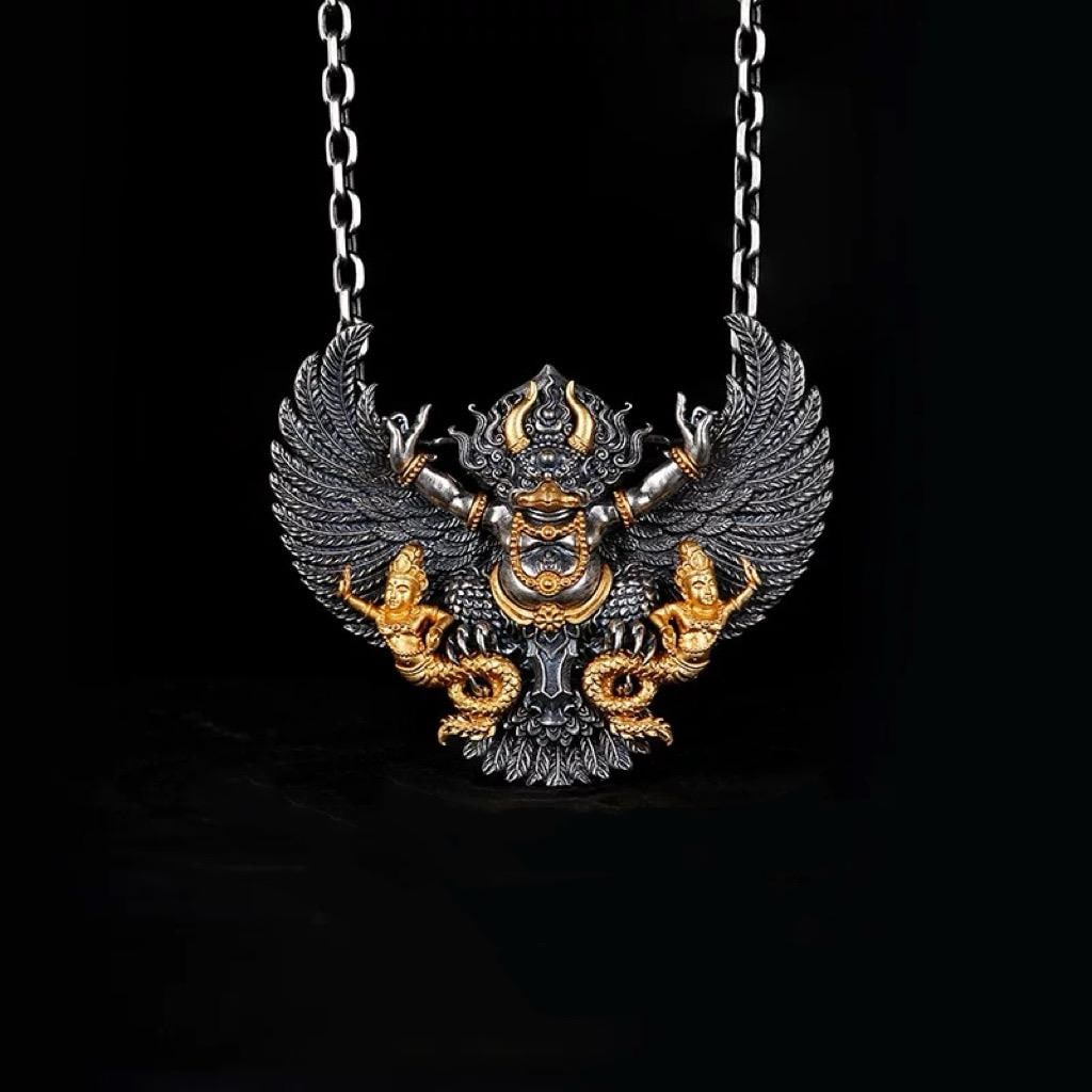 Handcrafted Garuda Pendant for Men - Solid S925 Sterling Silver Tibetan Buddhist Necklace, Heavy Detailed Chakra Amulet, Vintage Ethnic Jewe