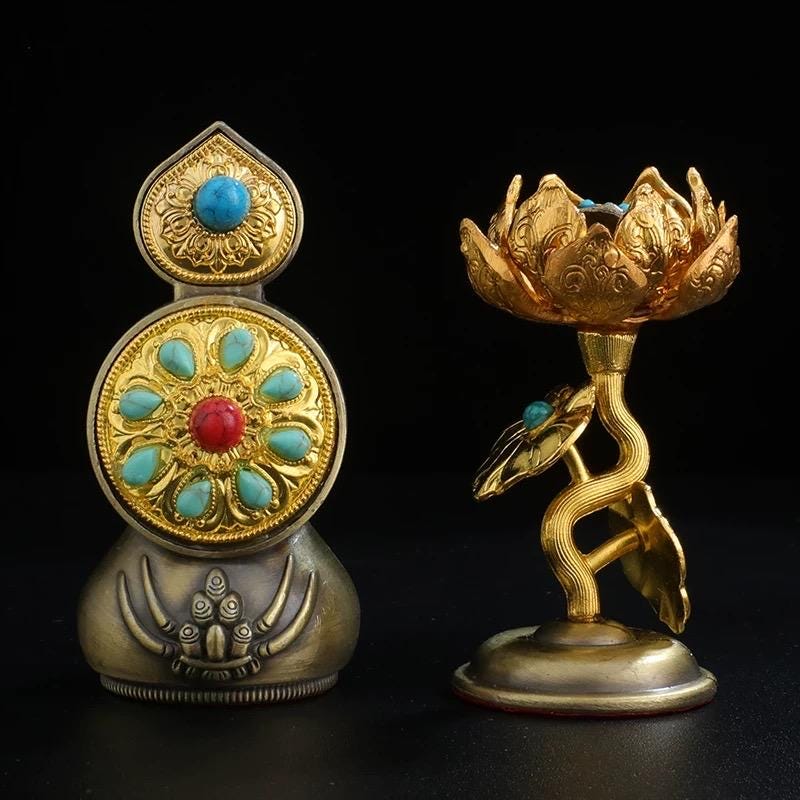 Handmade Brass Tibetan Torma Offering Statue • Butter Flower & Tsog Torma • Himalaya
