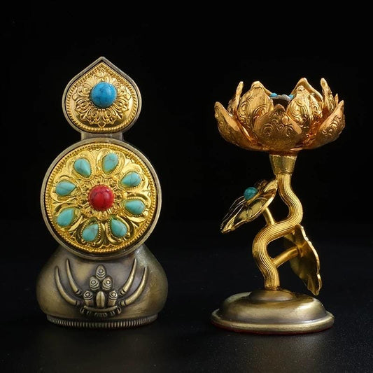 Handmade Brass Tibetan Torma Offering Statue • Butter Flower & Tsog Torma • Himalaya