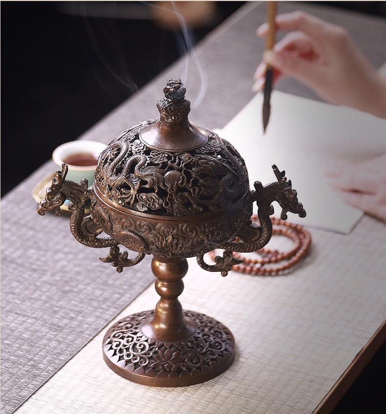 Chinese Bronze Incense Burner for Coil and Stick Incense, Antique Home Sanctuary Decor