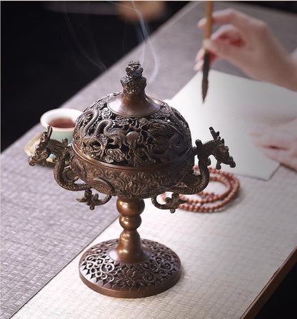 Chinese Bronze Incense Burner for Coil and Stick Incense, Antique Home Sanctuary Decor