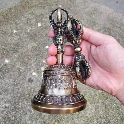 Brass Tibetan Vajra Bell & Dorje Set – Nepalese Handcrafted 5-Prong Ritual Bell