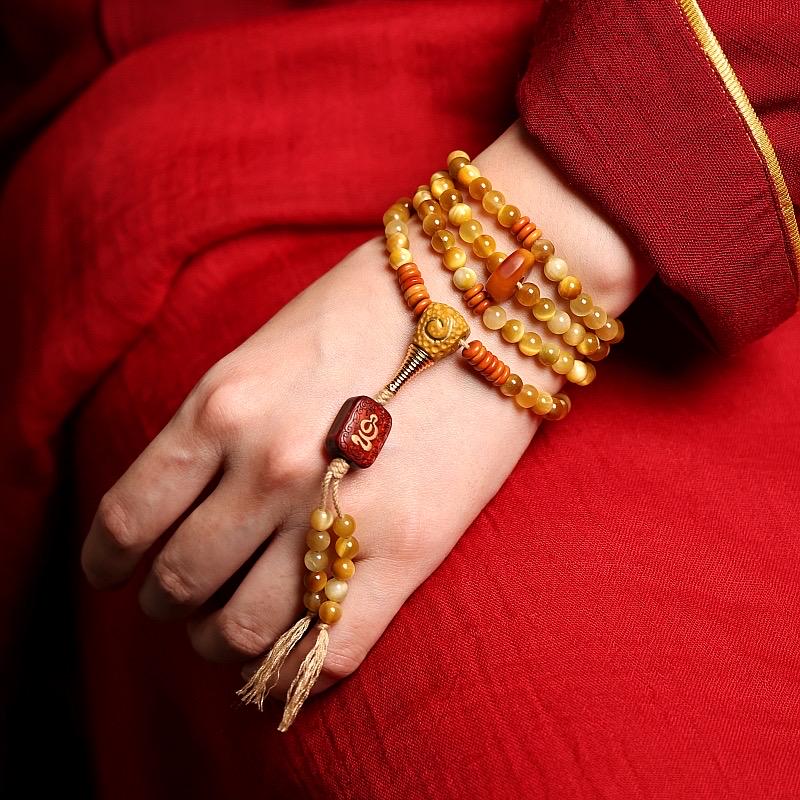 Original Tibetan Style 108 Strand Natural Golden Tiger's Eye Buddha Beads Bracelet Necklace, Unisex Adjustable Mala for Men Women