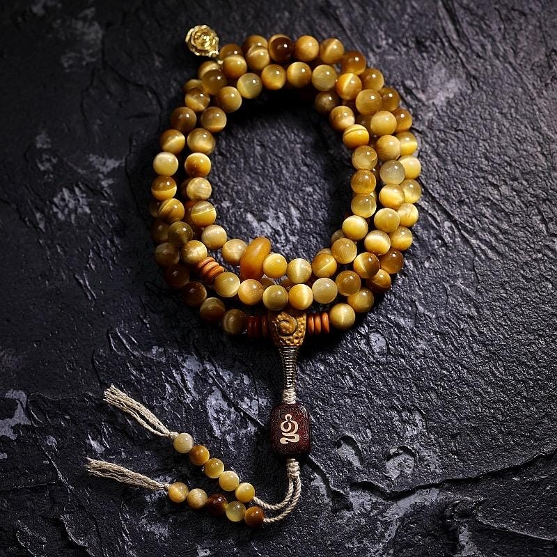 Original Tibetan Style 108 Strand Natural Golden Tiger's Eye Buddha Beads Bracelet Necklace, Unisex Adjustable Mala for Men Women