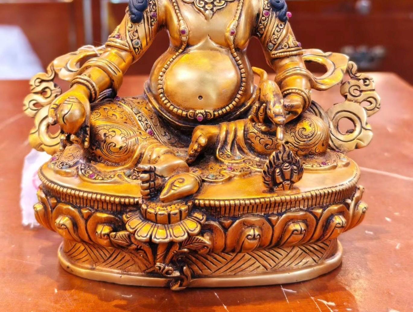 7” Yellow Dzambhala Statue | Handcrafted Nepalese Copper Jambhala | Gold-Gilded Wealth Deity Sculpture | Prosperity & Abundance Decor