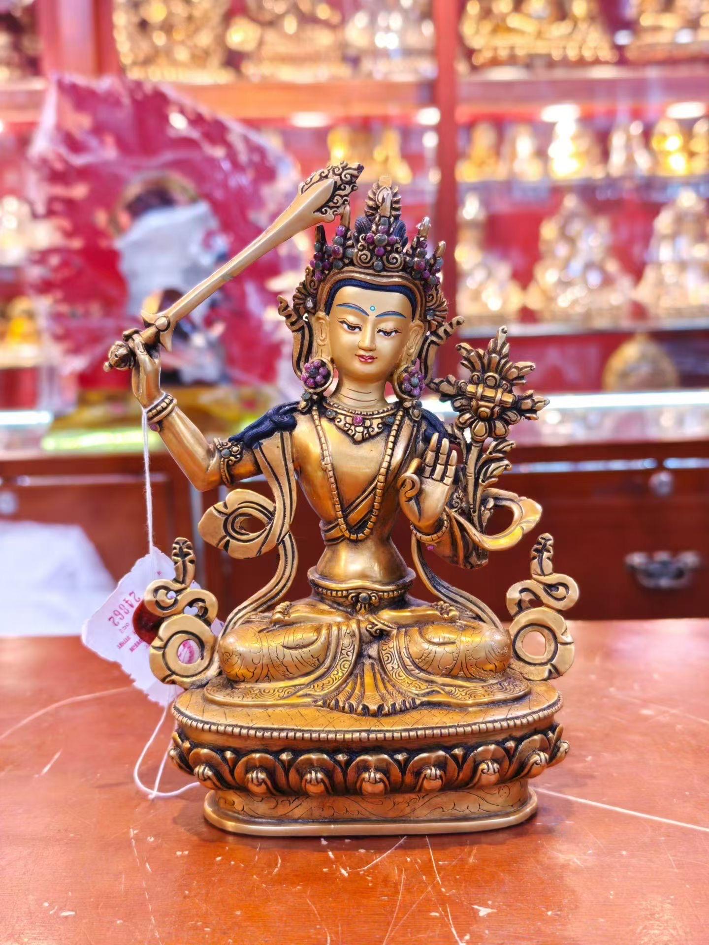 7” Manjushri Statue | Handcrafted Nepalese Copper Bodhisattva of Wisdom | Gold-Gilded Manjusri Sculpture for Clarity & Insight