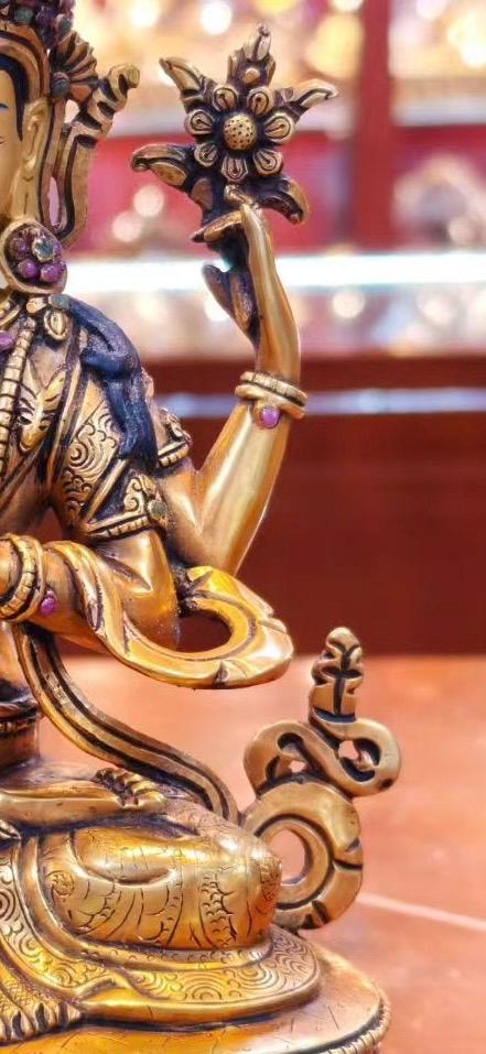 7” Four-Armed Avalokiteshvara Statue | Handcrafted Nepalese Copper Chenrezig | Gold-Gilded Compassion Buddha Sculpture