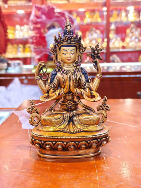 7” Four-Armed Avalokiteshvara Statue | Handcrafted Nepalese Copper Chenrezig | Gold-Gilded Compassion Buddha Sculpture