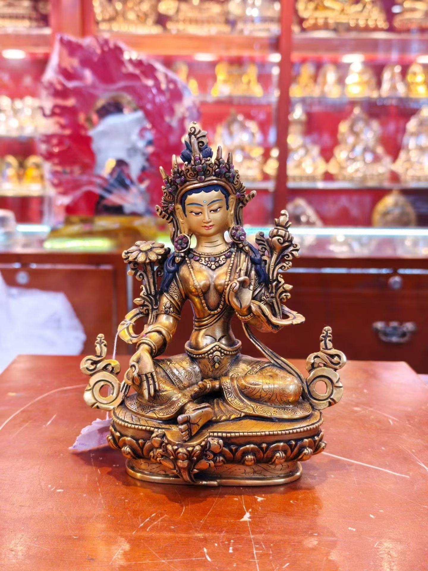 Green Tara Statue • 24k Gold Gilded Syamatara • Pure Copper Tibetan Buddhist Goddess • Handcrafted Nepal Art