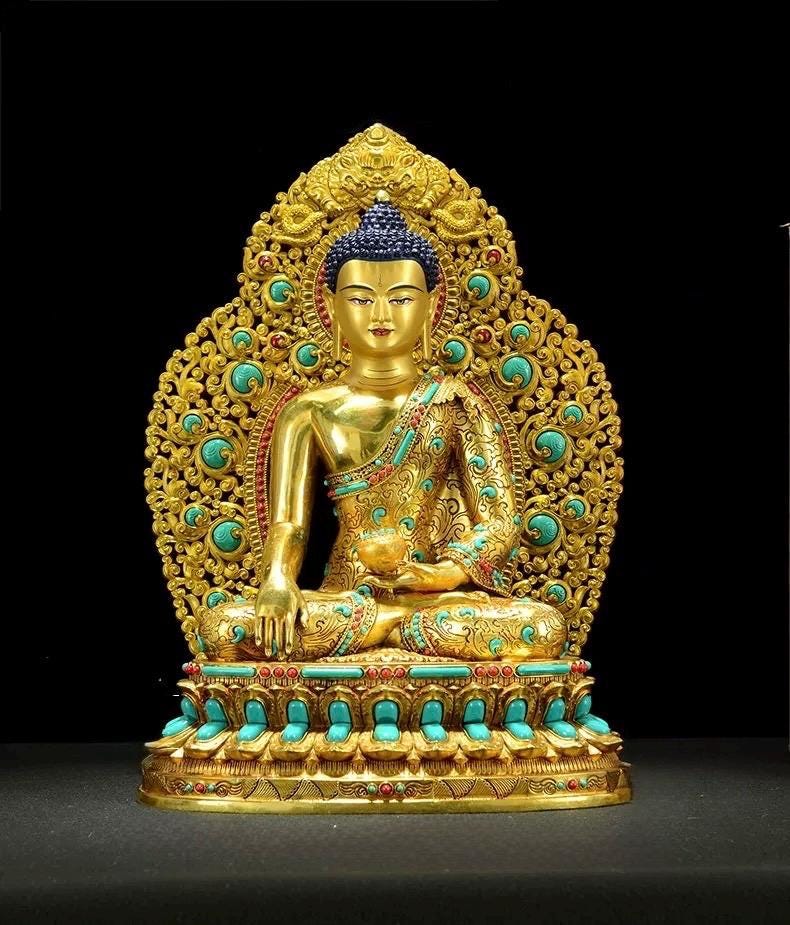 Full Gold-Plated Shakyamuni Buddha Statue with Tibetan Bead Inlays | Handmade Copper Buddhist Statue
