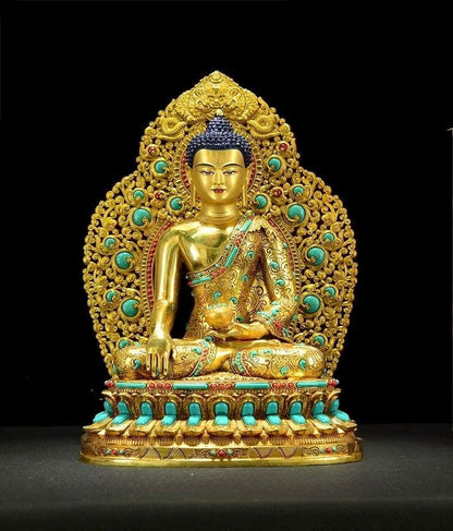 Full Gold-Plated Shakyamuni Buddha Statue with Tibetan Bead Inlays | Handmade Copper Buddhist Statue